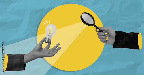 Creative hands exchanging light bulb and magnifying glass for innovative ideas, vector illustration