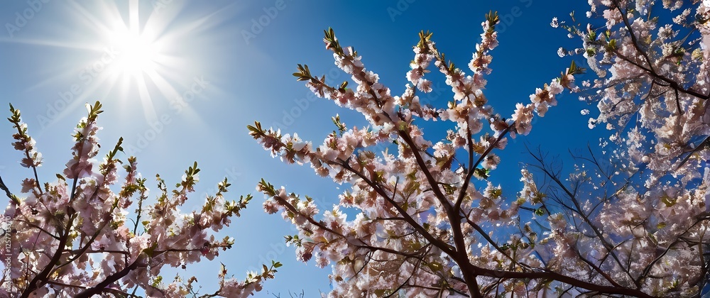 Delicate spring blossoms atop branches set against a bright blue sky welcoming the joys of seasonal change and natures annual rebirth Delicate spring blossoms atop branches set against a bright blue sky welcoming the joys of seasonal change and natures annual rebirth
