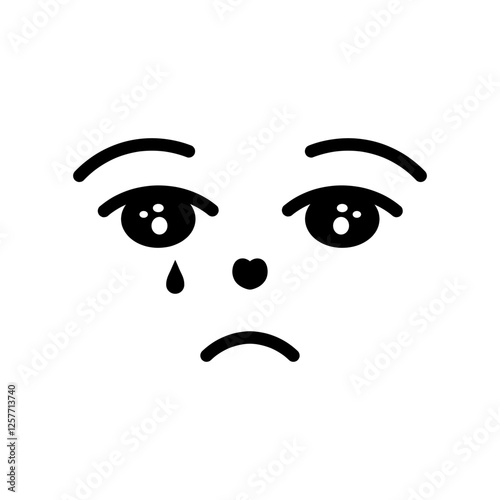 Sad facial expression. Crying face with melancholy emotions. Tears dripping from eyes, frowning eyebrows. Sketch. Vector illustration. Outline on isolated white background. Doodle style. 