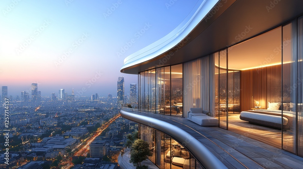Naklejka premium Modern penthouse balcony overlooking city skyline at dawn