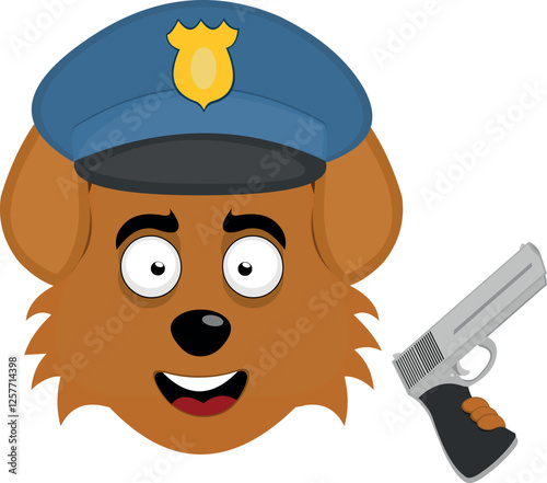 vector illustration emoji character face dog cartoon, with a police hat and gun