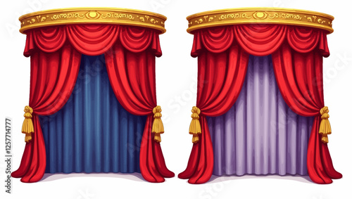 Vintage-style red theater curtains with blue and purple backdrop. Perfect for stage, performance, and dramatic scene designs.