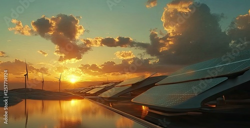 Stunning Sunset Over a Sustainable Energy Landscape Featuring Solar Panels and Wind Turbines