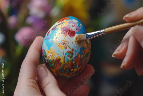 Hand holds brash and paints egg. Process of painting an Easter egg.