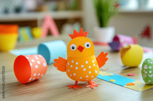 Paper Easter chick on the table. Handmade, diy. Project of children's creativity, handicrafts. photo