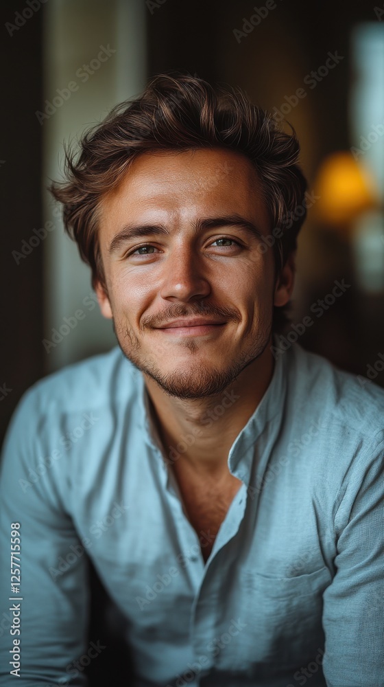 A handsome man with laughing eyes and brown hair, wearing a light blue shirt. A handsome man with laughing eyes and brown hair, wearing a light blue shirt.