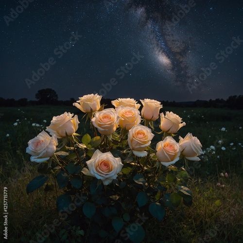 A glowing bouquet of roses in the center of a meadow under a starry night sky, with a pure white background.