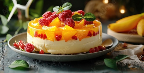 Delicious Creamy Orange Raspberry Cake with Jelly Topping and Fresh Berries