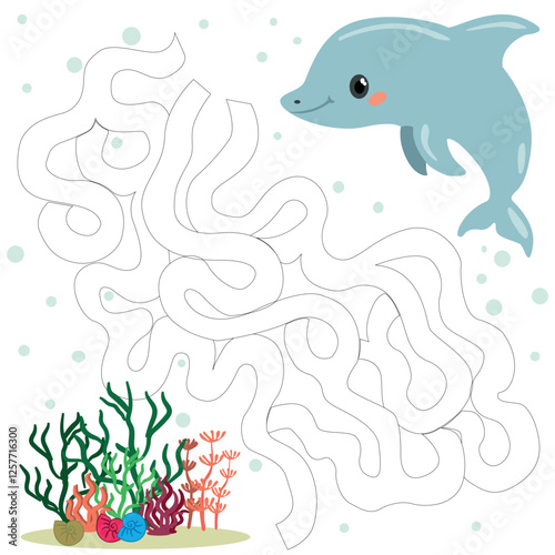 A vector picture with a maze. A children's puzzle game with sea creatures. Shells and algae to which you need to find a way.