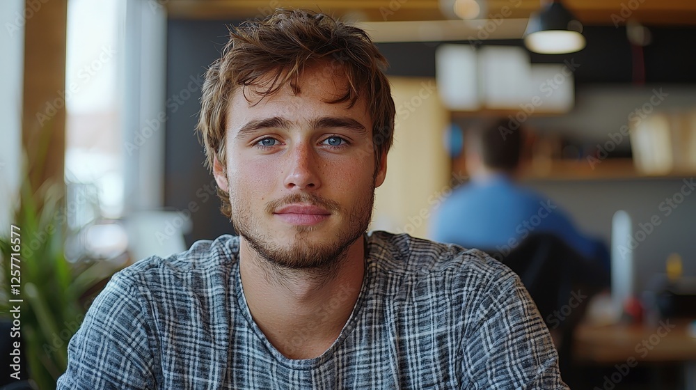 Obraz premium Portrait of a young man with blue eyes in a bright workspace