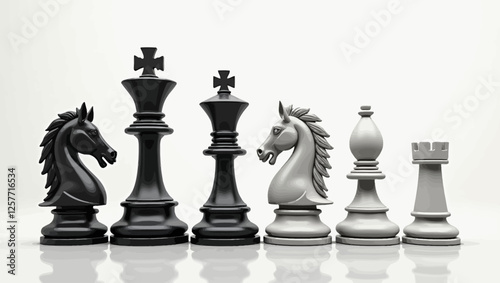 A detailed vector illustration of black chess pieces arranged in a row, including king, queen, bishop, knight, and pawns.