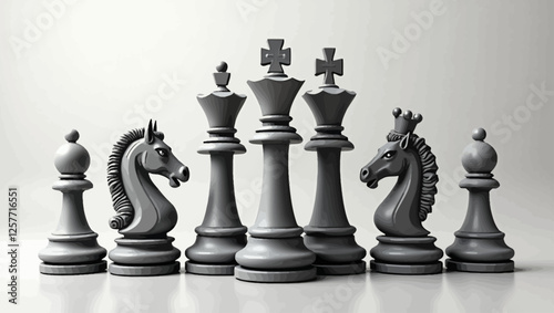 A detailed vector illustration of black chess pieces arranged in a row, including king, queen, bishop, knight, and pawns.