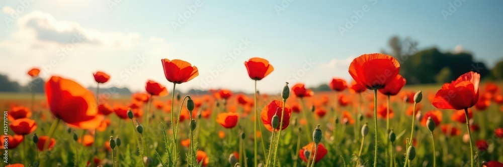 Field of red poppies swaying gently in summer breeze , day, flora Field of red poppies swaying gently in summer breeze , day, flora