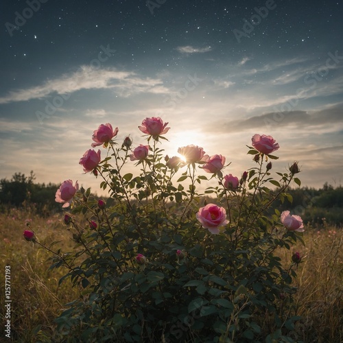 A field of blooming roses under a vast starry sky, with a simple white backdrop highlighting the natural beauty of the scene.