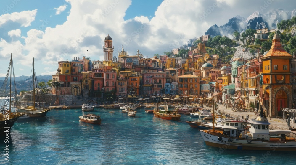 Obraz premium Coastal town with a mix of old and new architecture, boats tied to a bustling harbor.