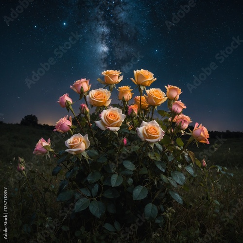 A dazzling bouquet of roses glowing in the meadow under the night sky, set against a pure white background.