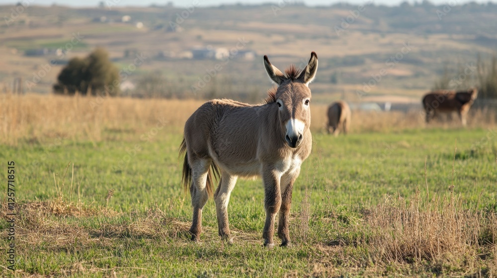 Fototapeta premium Adorable Donkey in a Lush Green Field