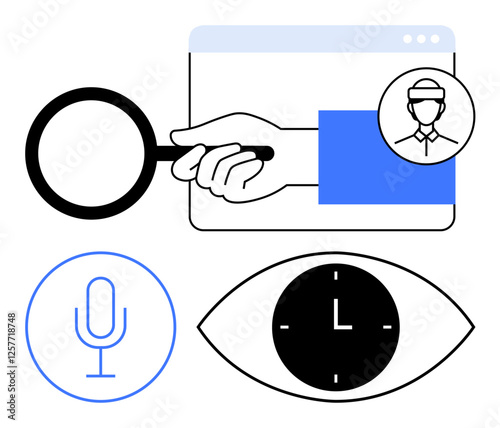 Hand with magnifying glass, browser, user avatar, eye with clock, and microphone icons. Ideal for search, time management, surveillance, digital identity technology analysis voice recognition