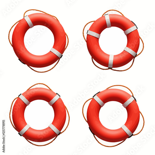 A set of red life buoys with different rope attachments, designed in high detail as safety equipment for marine and water activities.