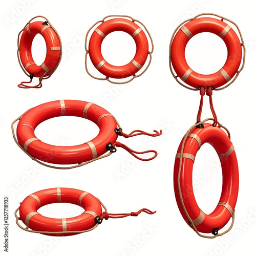A set of red life buoys with different rope attachments, designed in high detail as safety equipment for marine and water activities.