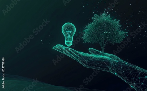 Glowing Lightbulb and Tree Held in a Digital Hand Representing Green Technology and Sustainable Ideas