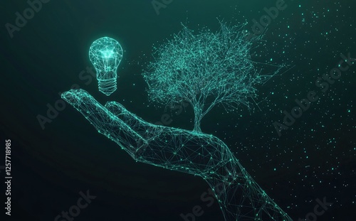 Glowing Idea Tree Held in a Networked Hand Abstract Art Representing Growth Innovation and Sustainability