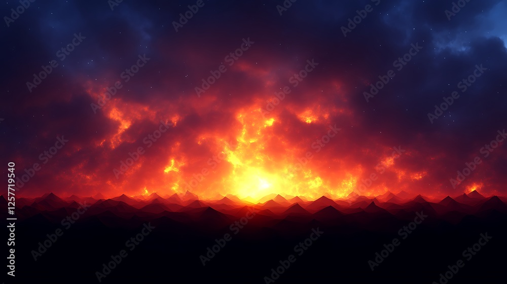 Fototapeta premium Fiery Sunset Over Silhouetted Mountain Range