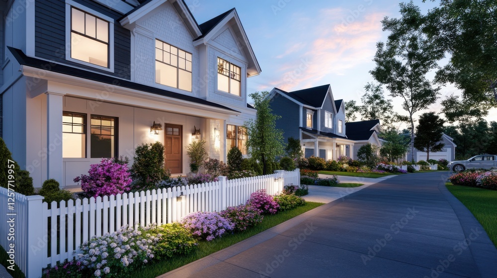 A beautiful suburban townhouse with a classic design, white picket fence, lush front yard with colorful flowers, warm sunset glow reflecting off the windows, a peaceful and family-friendly setting A beautiful suburban townhouse with a classic design, white picket fence, lush front yard with colorful flowers, warm sunset glow reflecting off the windows, a peaceful and family-friendly setting