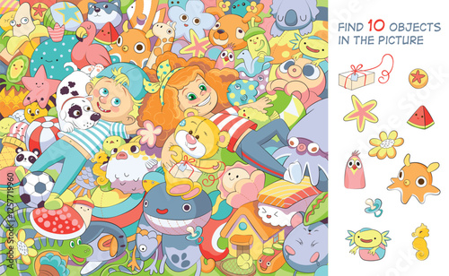 Fun, laughter, smiles! Children playing with soft toys. Find 10 objects in the picture. Educational game for children. Cartoon vector illustration