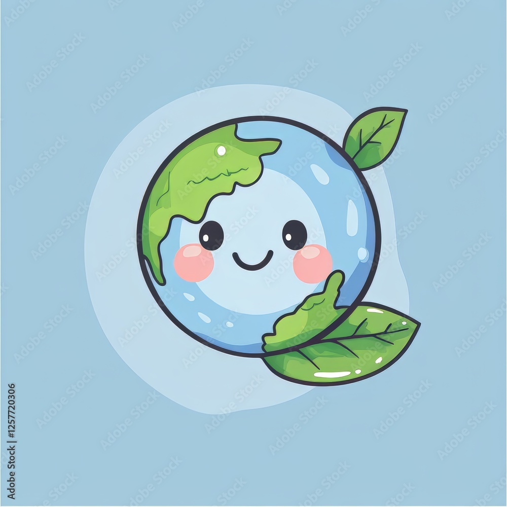Fototapeta premium Cute Cartoon Earth Character with Green Leaves on Soft Blue Background