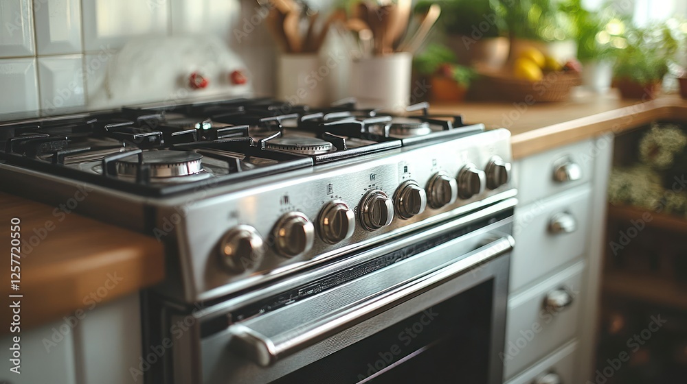 Modern stainless steel stove in a cozy kitchen with natural light Modern stainless steel stove in a cozy kitchen with natural light