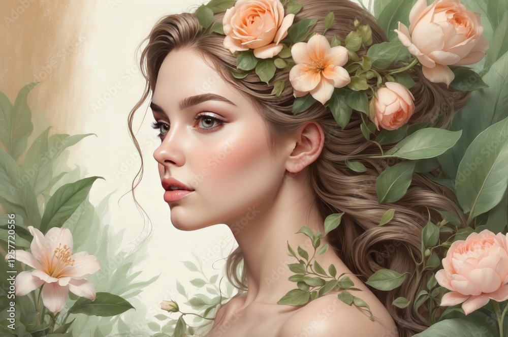 Elegant 3D illustration of a woman in side profile, surrounded by lush flowers and leaves, symbolizing growth, beauty, and empowerment for International Women’s Day, 8 March. Elegant 3D illustration of a woman in side profile, surrounded by lush flowers and leaves, symbolizing growth, beauty, and empowerment for International Women’s Day, 8 March.