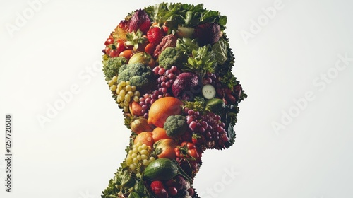 Healthy eating concept fruits and vegetables forming a human head silhouette. photo