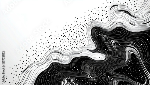 Abstract Black and White Swirling Wave Pattern Design with Scattered Dots