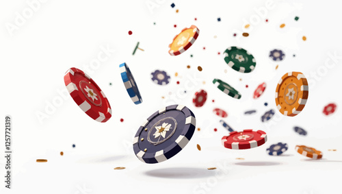 A dynamic vector illustration of colorful poker chips floating in mid-air, representing gambling, casinos, and luck.