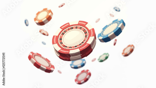 A dynamic vector illustration of colorful poker chips floating in mid-air, representing gambling, casinos, and luck.