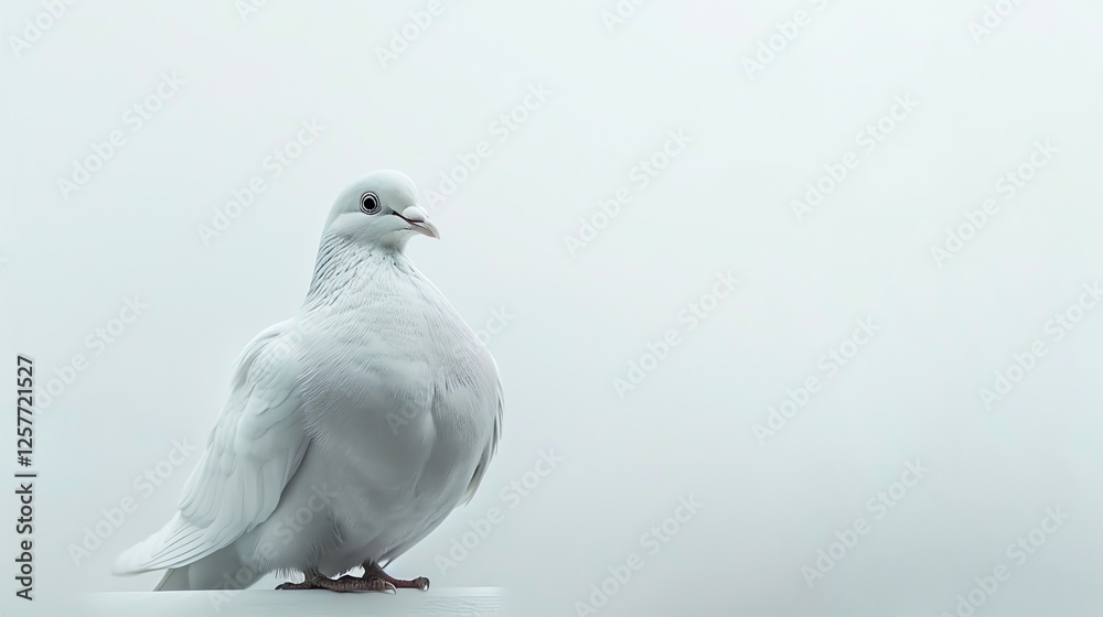A beautiful white dove with a soft, gray beak and gentle, dark eyes. The dove is perched on a simple wooden perch, against a soft, white background. A beautiful white dove with a soft, gray beak and gentle, dark eyes. The dove is perched on a simple wooden perch, against a soft, white background.