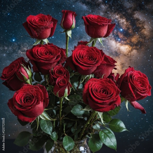 A starry night sky framing a bouquet of bright and fresh roses, with a pure, clean background for contrast.