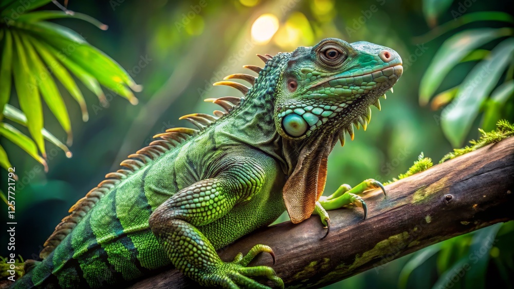 Colorful Green Iguana Resting on Branch in Lush Tropical Setting Colorful Green Iguana Resting on Branch in Lush Tropical Setting