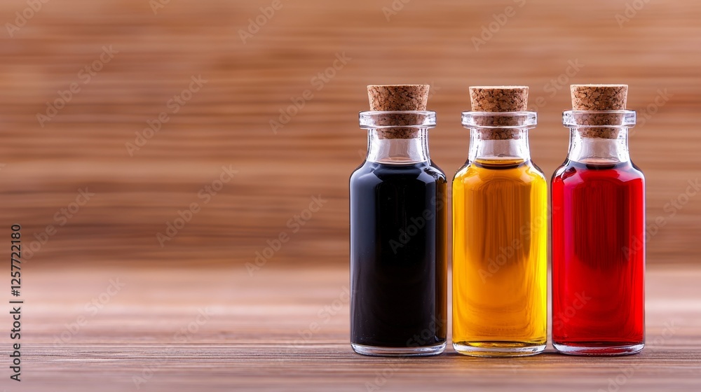 Three bottles of different colored liquids sitting on a table Three bottles of different colored liquids sitting on a table