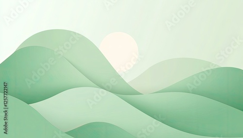 Serene Green Hills Under a Soft White Sun Abstract Landscape Illustration