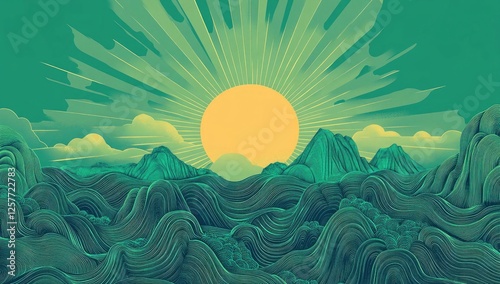 Serene Sunrise Over Rolling Green Hills Artistic Line Drawing Illustration