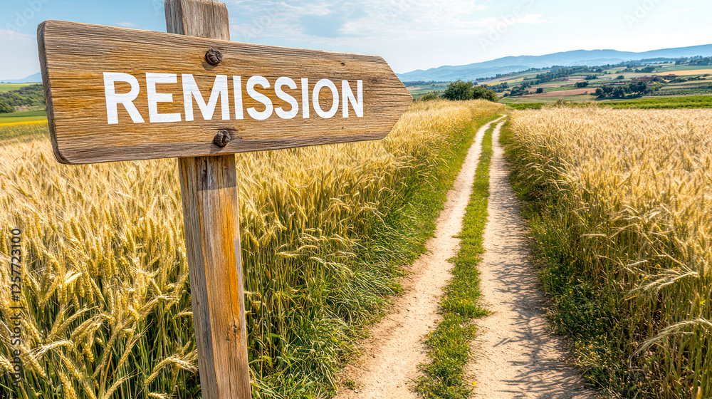 Footpath in idyllic field, wooden sign reading Remission Footpath in idyllic field, wooden sign reading Remission