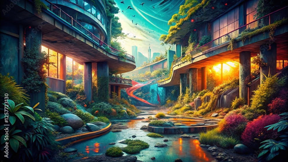Obraz premium Abstract Urban Biophilic Textures: Nature's Rhythms in Decaying Cityscapes
