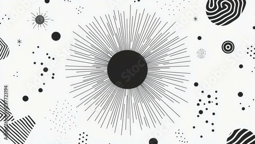 Abstract Black and White Cosmic Design with Sunburst and Geometric Shapes