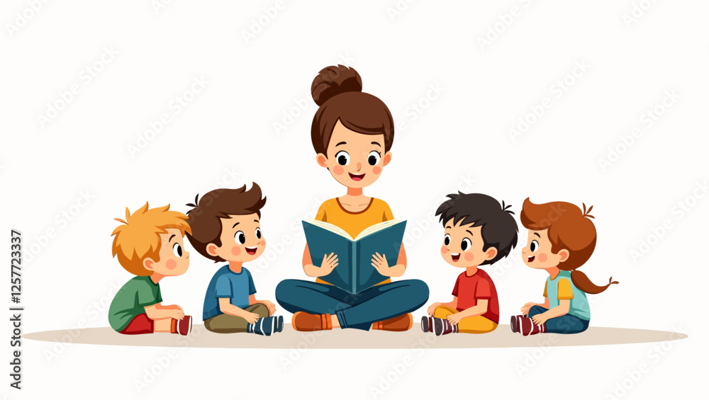 A cheerful teacher reading a storybook to young students sitting in a circle. A perfect vector for storytelling, education, and children’s learning materials. A cheerful teacher reading a storybook to young students sitting in a circle. A perfect vector for storytelling, education, and children’s learning materials.