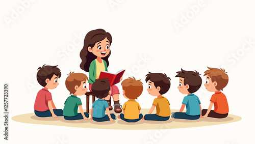  A cheerful teacher reading a storybook to young students sitting in a circle. A perfect vector for storytelling, education, and children’s learning materials.