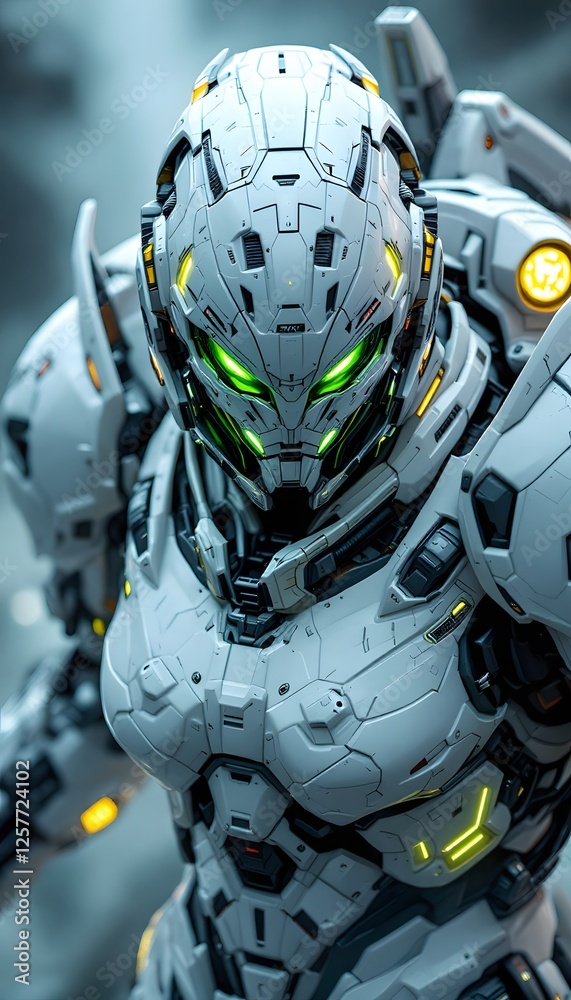 Fototapeta premium Futuristic Robot Warrior with Green Eyes and Advanced White Armor