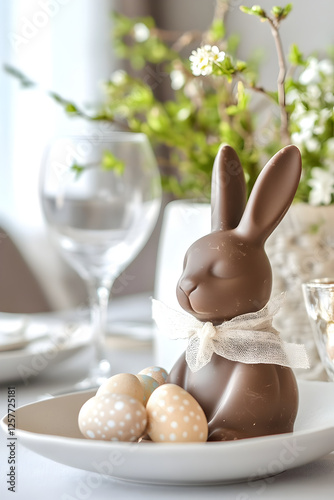 A chocolate Easter bunny in wrapping, standing on a Easter decorated table next to a neutral plate and glass.