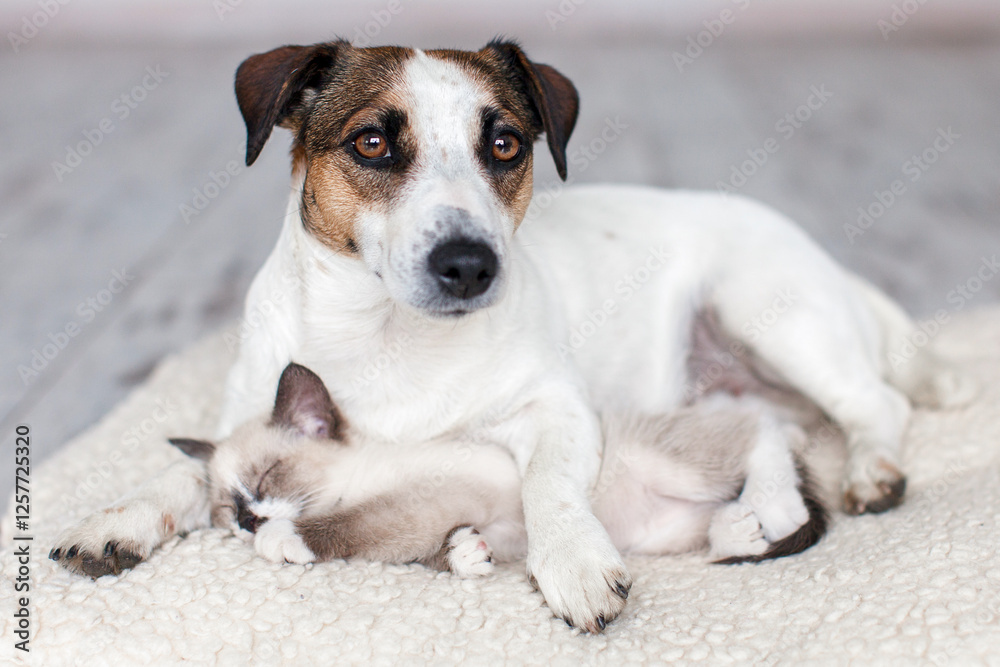 Cat and dog lying together on white blanket Cat and dog lying together on white blanket